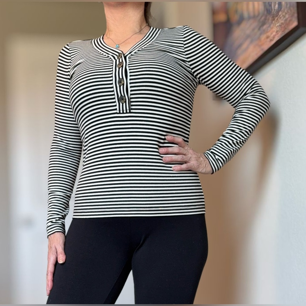 LOFT Black and White Striped Blouse